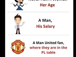 Jangan pernah tanya usia ke perempuan, gaji ke laki-laki, dan posisi klasemen ke fans MU. Foto: dok. Internet/X (Twitter)
