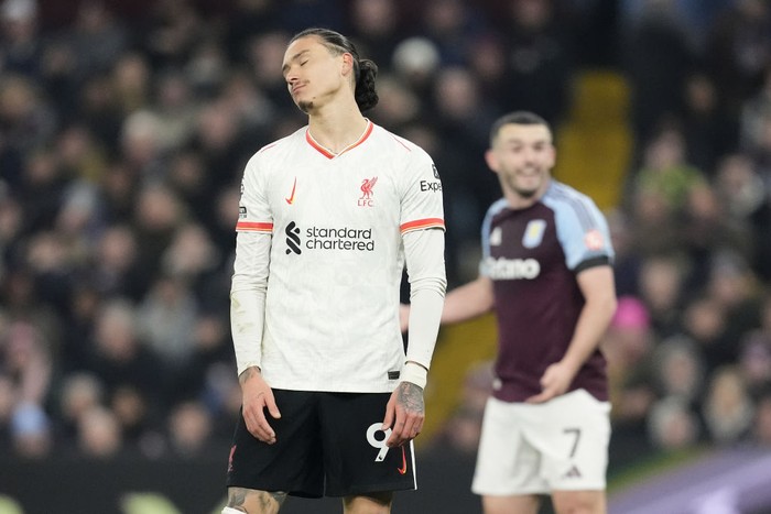 Liverpool's Darwin Nunez (left) reacts after a missed opportunity during the Premier League match at Villa Park, Birmingham. Picture date: Wednesday February 19, 2025. (Photo by Nick Potts/PA Images via Getty Images)