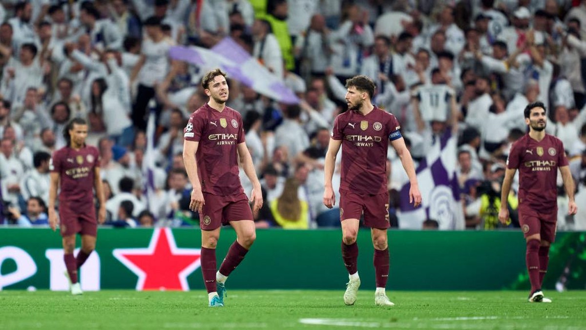 Kekecewaan para pemain Manchester City di markas Real Madrid. (Foto: Getty Images/Mateo Villalba)