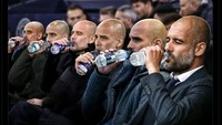 Meme Manajer Man City Pep Guardiola minum melulu saat melihat timnya menghadapi Real Madrid. Foto: dok. Internet/X (Twitter)