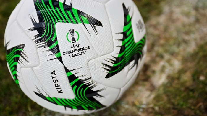 BIALYSTOK, POLAND - FEBRUARY 20: UEFA Conference League logo seen on the Kipsta ball during the UEFA Europa Conference League 2024/25 League Knockout Play-off Second Leg match between Jagiellonia Bialystok and FK TSC Backa Topola at Chorten Arena on February 20, 2025 in Bialystok, Poland. (Photo by Mateusz Slodkowski - UEFA/UEFA via Getty Images)