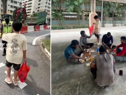 Mulia! Bocah Ini Bagi-bagi Minuman ke Pekerja Konstruksi