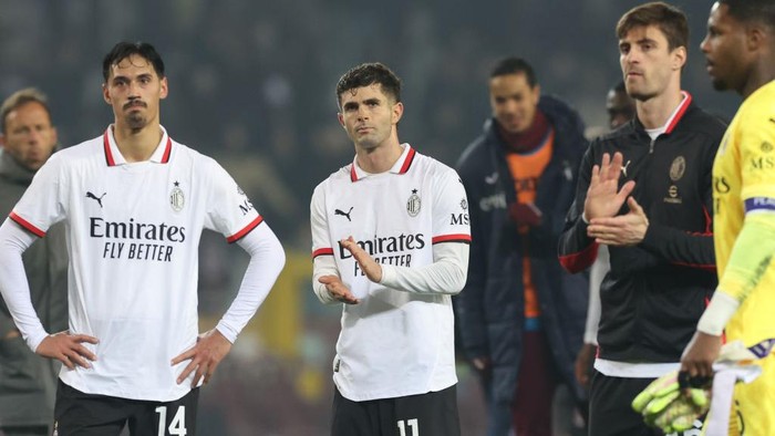 TURIN, ITALY - FEBRUARY 22: Christian Pulisic of AC Milan dejected at the end of the Serie match between Torino and Milan at Stadio Olimpico di Torino on February 22, 2025 in Turin, Italy. (Photo by Claudio Villa/AC Milan via Getty Images)
