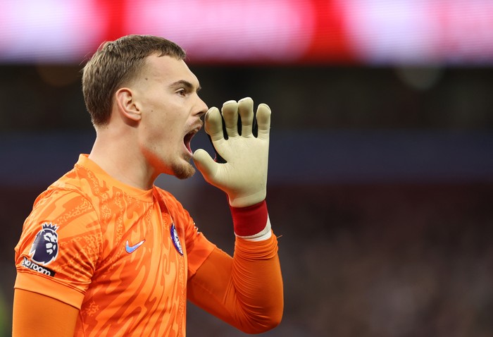 BIRMINGHAM, ENGLAND - FEBRUARY 22: Filip Jorgensen of Chelsea  during the Premier League match between Aston Villa FC and Chelsea FC at Villa Park on February 22, 2025 in Birmingham, England. (Photo by Catherine Ivill - AMA/Getty Images)