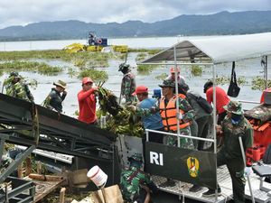 TNI dan Warga Bersihkan Eceng Gondok di Danau Tondano TNI dan Warga Bersihkan Eceng Gondok di Danau Tondano