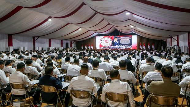 Regional leaders gather during a week-long mountain glamping retreat at a military academy in Magelang, Central Java on February 25, 2025. (Photo by Aditya AJI / AFP)