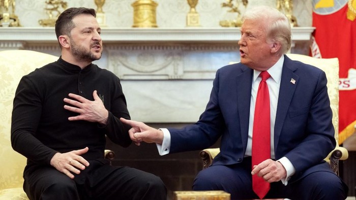 US President Donald Trump and Ukraines President Volodymyr Zelensky meet in the Oval Office of the White House in Washington, DC, February 28, 2025. Zelensky and Trump openly clashed in the White House on February 28 at a meeting where they were due to sign a deal on sharing Ukraines mineral riches and discuss a peace deal with Russia. 