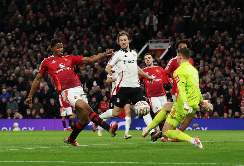 Soccer Football - FA Cup - Fifth Round - Manchester United v Fulham - Old Trafford, Manchester, Britain - March 2, 2025 Manchester United's Chido Obi-Martin reacts during the match REUTERS/Phil Noble