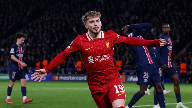 PARIS, FRANCE - MARCH 05: (THE SUN OUT, THE SUN ON SUNDAY OUT) Harvey Elliott of Liverpool celebrates scoring his team's first goal during the UEFA Champions League 2024/25 Round of 16 first leg match between Paris Saint-Germain and Liverpool FC at Parc des Princes on March 05, 2025 in Paris, France. (Photo by Liverpool FC/Liverpool FC via Getty Images)