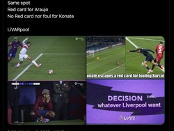 Netizen pun membandingkan dengan momen serupa yang juga melibatkan Bradley Barcola. Pada momen itu, pemain Barcelona kena hukuman berbeda seperti Liverpool. Foto: dok. Internet/X (Twitter)