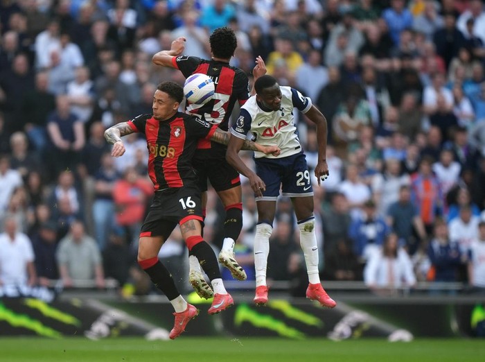 Tottenham Hotspurs Pape Matar Sarr (right) battles for the ball with Bournemouths Marcus Tavernier (left) and James Hill during the Premier League match at the Tottenham Hotspur Stadium, London. Picture date: Sunday March 9, 2025. (Photo by Bradley Collyer/PA Images via Getty Images)