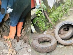 Petugas PUPR Angkut 6 Ban Bekas Bikin Mampet Got di Jalan KSU Depok