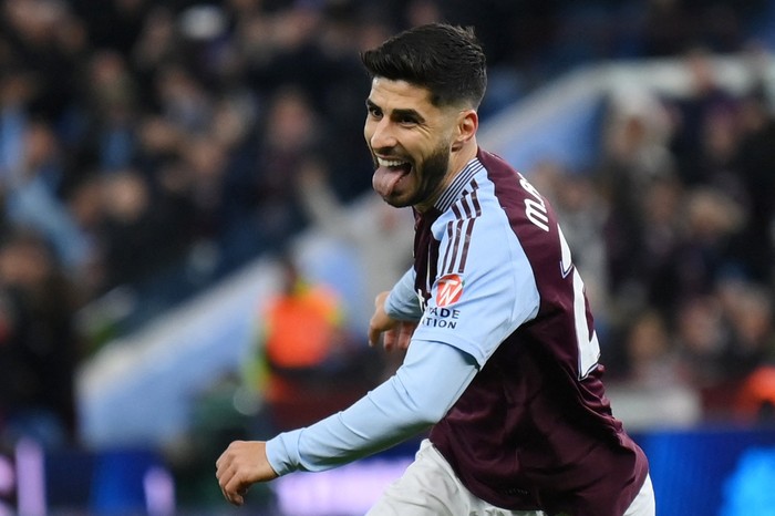 Soccer Football - Champions League - Round of 16 - Second Leg - Aston Villa v Club Brugge - Villa Park, Birmingham, Britain - March 12, 2025 Aston Villas Marco Asensio celebrates scoring their first goal REUTERS/Jaimi Joy
