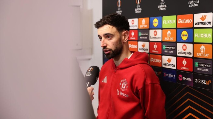 Bruno Fernandes MANCHESTER, ENGLAND - MARCH 13: Bruno Fernandes of Manchester United is interviewed following the UEFA Europa League 2024/25 Round of 16 Second Leg match between Manchester United and Real Sociedad de Futbol at Old Trafford on March 13, 2025 in Manchester, England. (Photo by George Wood - UEFA/UEFA via Getty Images)