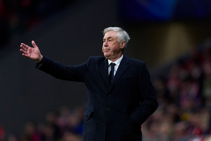 Carlo Ancelotti MADRID, SPAIN - MARCH 12: Carlo Ancelotti head coach of Real Madrid CF reacts during the UEFA Champions League 2024/25 UEFA Champions League 2024/25 Round of 16 second leg match between Atletico de Madrid and Real Madrid C.F. at Estadio Wanda Metropolitano on March 12, 2025 in Madrid, Spain. (Photo by Diego Souto/Getty Images)