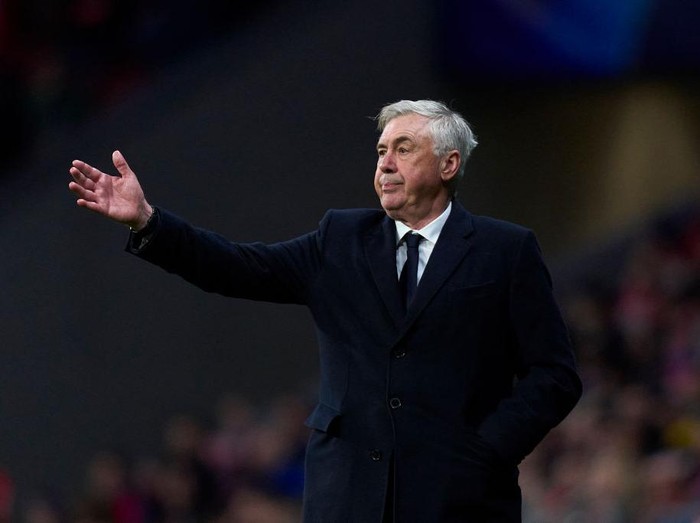 MADRID, SPAIN - MARCH 12: Carlo Ancelotti head coach of Real Madrid CF reacts during the UEFA Champions League 2024/25 UEFA Champions League 2024/25 Round of 16 second leg match between Atletico de Madrid and Real Madrid C.F. at Estadio Wanda Metropolitano on March 12, 2025 in Madrid, Spain. (Photo by Diego Souto/Getty Images)