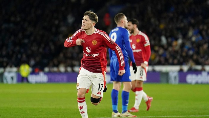 Manchester Uniteds Alejandro Garnacho celebrates scoring their sides second goal of the game during the Premier League match at the King Power Stadium, Leicester. Picture date: Sunday March 16, 2025. (Photo by Martin Rickett/PA Images via Getty Images)