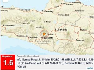 Gempa Darat M 1,6 di Klaten Malam Ini