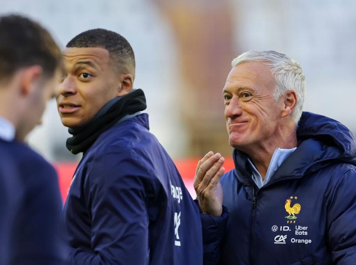 SPLIT, CROATIA - MARCH 19: Kylian Mbappe (L) and Didier Deschamps (R) of France during the training session prior to the UEFA Nations League match between Croatia and France at Stadion Poljud on March 19, 2025 in Split, Croatia. (Photo by Srdjan Stevanovic - UEFA/UEFA via Getty Images)