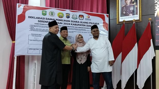 Tiga paslon bupati dan wakil bupati Kabupaten Siak menandatangani deklarasi damai jelang PSU Pilkada 2024, pada Sabtu (22/3/2025) besok.