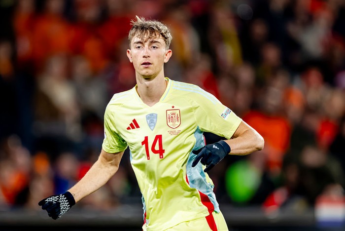 Dean Huijsen Spain defender Dean Huijsen participates in the match between the Netherlands and Spain at Stadium Feijenoord De Kuip for the UEFA Nations League Quarter-finals 1st leg season 2024-2025 in Rotterdam, Netherlands, on March 20, 2025. (Photo by Marcel van Dorst / EYE4images/NurPhoto via Getty Images)