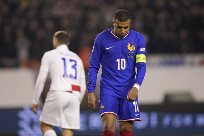 France's Kylian Mbappe controls the ball during the UEFA Nations League quarterfinal soccer match between Croatia and France, at the Poljud stadium in Split, Croatia, Thursday, March 20, 2025. (AP Photo/Darko Bandic)