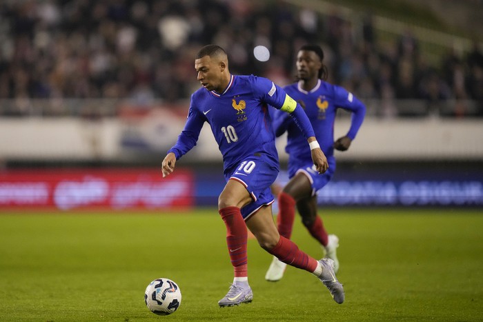 France's Kylian Mbappe controls the ball during the UEFA Nations League quarterfinal soccer match between Croatia and France, at the Poljud stadium in Split, Croatia, Thursday, March 20, 2025. (AP Photo/Darko Bandic)
