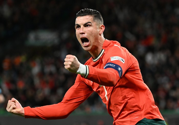 Cristiano Ronaldo LISBON, PORTUGAL - MARCH 23: Cristiano Ronaldo of Portugal celebrates after scoring a goal during the UEFA Nations League Quarterfinal Leg Two match between Portugal and Denmark at Estadio Jose Alvalade on March 23, 2025 in Lisbon, Portugal. (Photo by Zed Jameson/MB Media/Getty Images)