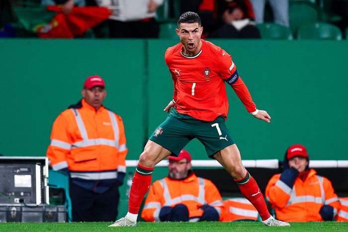 Cristiano Ronaldo LISBON, PORTUGAL - MARCH 23: Cristiano Ronaldo of Portugal celebrates after scoring his teams second goal during the UEFA Nations League Quarterfinal Leg Two match between Portugal and Denmark at Estadio Jose Alvalade on March 23, 2025 in Lisbon, Portugal. (Photo by Diogo Cardoso/Getty Images)