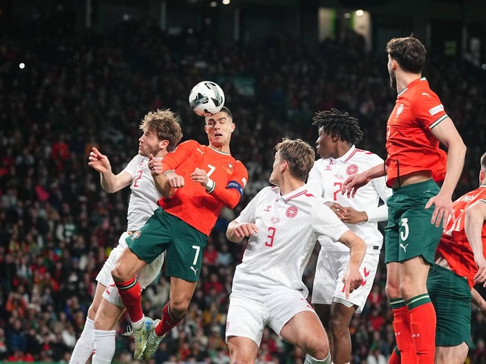 Cristiano Ronaldo of Portugal  gestures during the Nations League Quarter-finals match between Portugal and Denmark at José Alvalade Stadium, Lissabon, Portugal on March 23, 2025. (Photo by Ulrik Pedersen/NurPhoto via Getty Images)