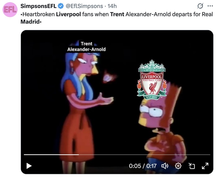 Meme Trent Alexander-Arnold cabut dari Liverpool menuju Real Madrid.
