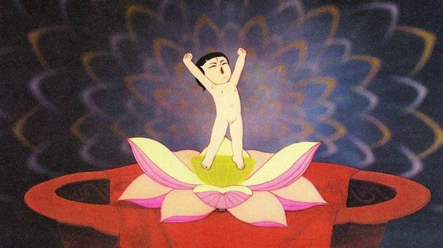 Ne Zha bangkit kembali melalui bunga lotus suci dalam film animasi China Ne Zha Conquers the Dragon King (1979). (Shanghai Animation Film Studio)