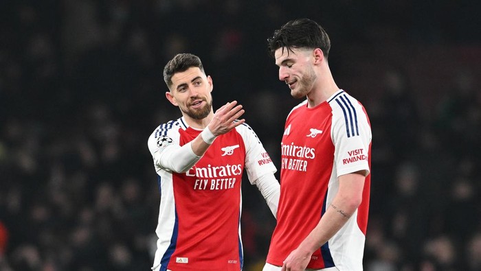 LONDON, ENGLAND - JANUARY 22: Jorginho and Declan Rice of Arsenal after the UEFA Champions League 2024/25 League Phase MD7 match between Arsenal FC and GNK Dinamo at  on January 22, 2025 in London, England. (Photo by David Price/Arsenal FC via Getty Images)