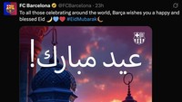 Klub raksasa Spanyol, Barcelona, membagikan ucapan Idulfitri bernuansa Lebaran dengan warna biru-merah yang mewakili klub berjuluk Blaugrana ini. (Foto: Twitter)