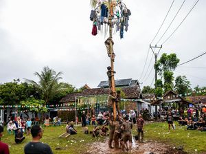 Warga di Serang Gelar Tradisi Panjat Pinang Lebaran