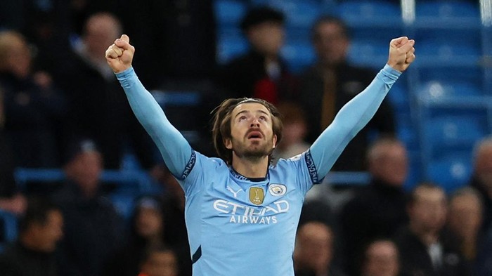 Soccer Football - Premier League - Manchester City v Leicester City - Etihad Stadium, Manchester, Britain - April 2, 2025 Manchester Citys Jack Grealish celebrates scoring their first goal REUTERS/Chris Radburn EDITORIAL USE ONLY. NO USE WITH UNAUTHORIZED AUDIO, VIDEO, DATA, FIXTURE LISTS, CLUB/LEAGUE LOGOS OR LIVE SERVICES. ONLINE IN-MATCH USE LIMITED TO 120 IMAGES, NO VIDEO EMULATION. NO USE IN BETTING, GAMES OR SINGLE CLUB/LEAGUE/PLAYER PUBLICATIONS. PLEASE CONTACT YOUR ACCOUNT REPRESENTATIVE FOR FURTHER DETAILS..
