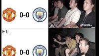 Satu lagi meme nonton Derby Manchester: penonton bersorak (lega) setelah pertandingan (yang boring banget) akhirnya selesai! Foto: dok. Internet/X (Twitter)
