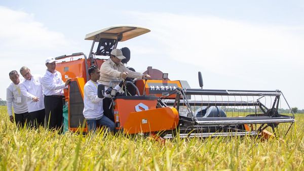 Prabowo Naik Mesin Harvester Saat Panen Raya Padi di Majalengka
