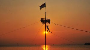 Lomba Panjat Pinang di Laut Meriahkan Lebaran Ketupat