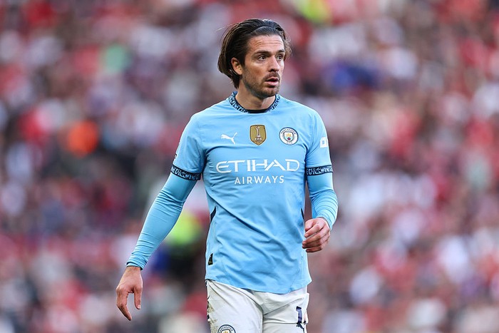  Jack Grealish of Manchester City during the Premier League match between Manchester United FC and Manchester City FC at Old Trafford on April 6, 2025 in Manchester, England. (Photo by Robbie Jay Barratt - AMA/Getty Images)