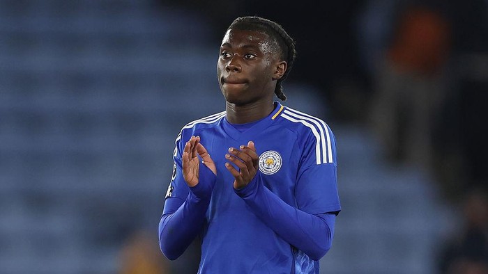 LEICESTER, ENGLAND - APRIL 07: Jeremy Monga of Leicester City applauds the fans, after making his debut for Leicester City and becoming the second youngest player to play in the Premier League, after the Premier League match between Leicester City FC and Newcastle United FC at The King Power Stadium on April 07, 2025 in Leicester, England. (Photo by Alex Pantling/Getty Images)