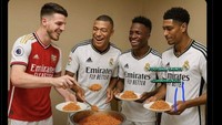 Para bintang Madrid tidak berkutik di hadapan Rice, yang dalam meme ini sedang men-serve mereka sepiring nasi (rice). Foto: Dok. Internet X (Twitter)