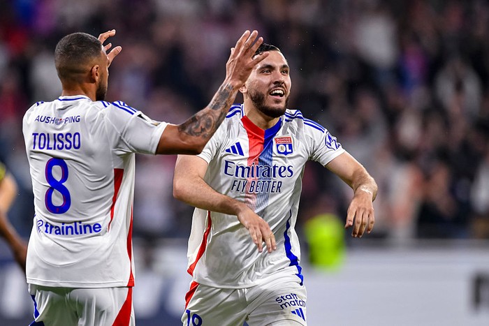 LYON, FRANCE - APRIL 05: Rayan Cherki of Lyon celebrates his goal with teammate Corentin Tolisso (L) during the Ligue 1 McDonalds match between Olympique Lyonnais and Lille OSC at Parc Olympique Lyonnais on April 5, 2025 in Lyon, France. (Photo by Eurasia Sport Images/Getty Images)