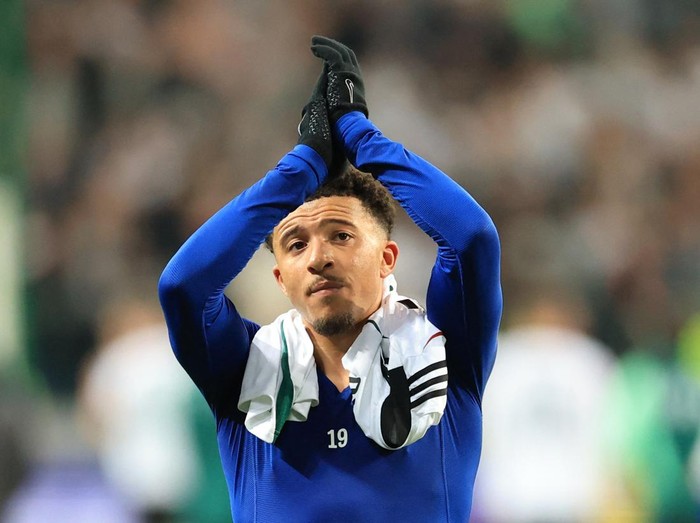 Soccer Football - Conference League - Quarter Final - First Leg - Legia Warsaw v Chelsea - Stadion Wojska Polskiego, Warsaw, Poland - April 10, Chelsea's Jadon Sancho celebrates after the match Action Images via Reuters/Andrew Boyers