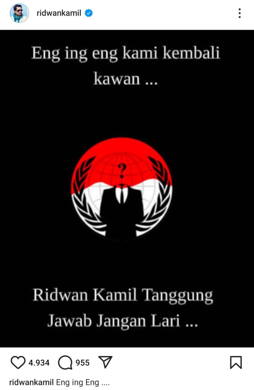 Postingan akun IG Ridwan Kamil usai diduga diretas. (dok.Instagram Ridwan Kamil)
