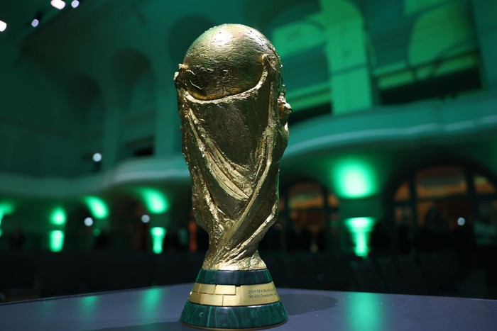 LEIPZIG, GERMANY - JANUARY 24: A detailed view of the FIFA World Cup trophy during a gala to celebrate the 125th anniversary of the German Football Association DFB at Kongresshalle Leipzig on January 24, 2025 in Leipzig, Germany.  (Photo by Maja Hiti