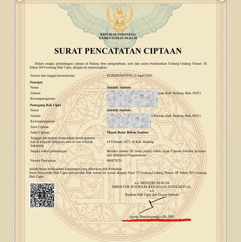 Bobon Santoso patenkan Hak Cipta Karya 'Masak Besar'
