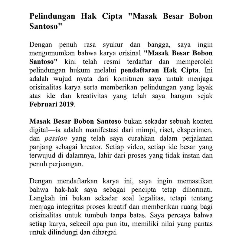 Bobon Santoso patenkan Hak Cipta Karya 'Masak Besar'