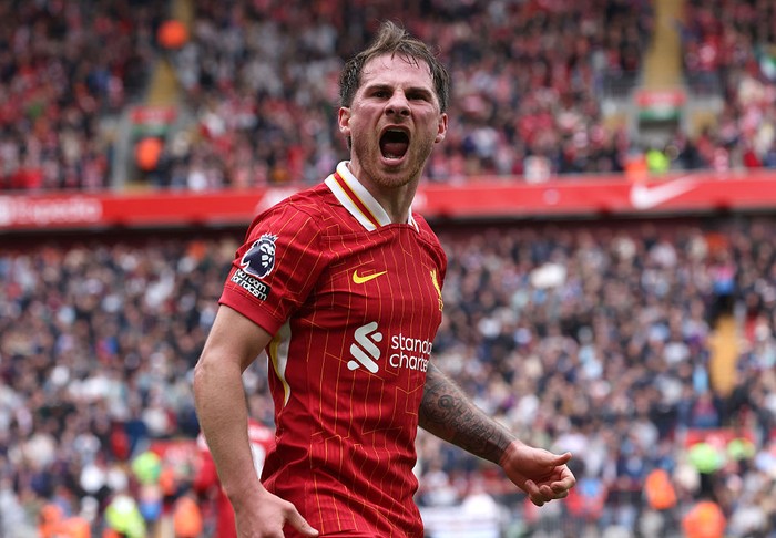 Alexis Mac Allister LIVERPOOL, ENGLAND - APRIL 13: (SUN OUT, SUN ON SUNDAY OUT) Alexis Mac Allister of Liverpool celebrates victory after the Premier League match between Liverpool FC and West Ham United FC at Anfield on April 13, 2025 in Liverpool, England. (Photo by Liverpool FC/Liverpool FC via Getty Images)