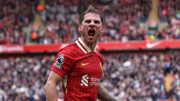 LIVERPOOL, ENGLAND - APRIL 13: (SUN OUT, SUN ON SUNDAY OUT) Alexis Mac Allister of Liverpool celebrates victory after the Premier League match between Liverpool FC and West Ham United FC at Anfield on April 13, 2025 in Liverpool, England. (Photo by Liverpool FC/Liverpool FC via Getty Images)